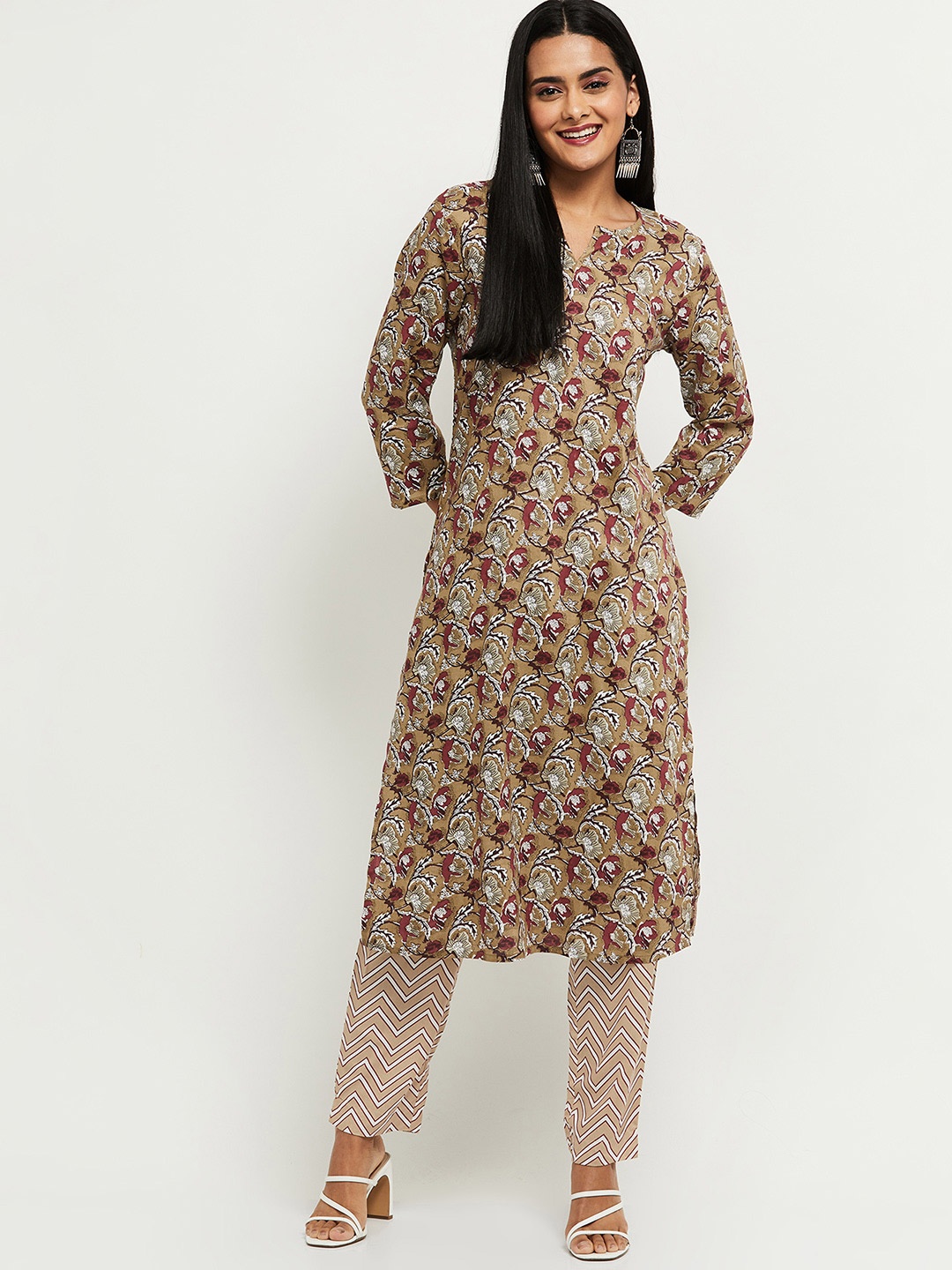 

max Women Floral Printed Kurta with Trousers, Beige