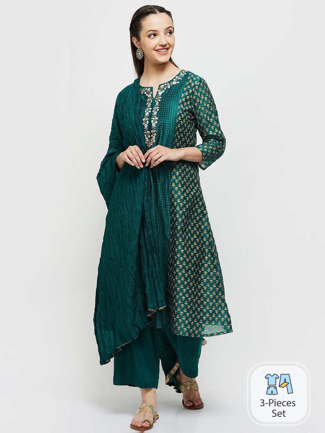 

max Women Green Floral Embroidered Thread Work Kurta with Palazzos & With Dupatta