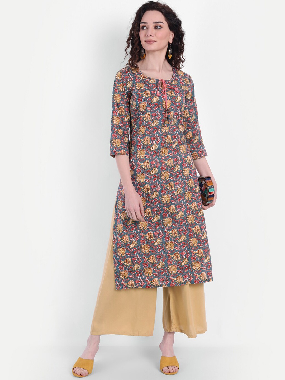 

Wyfees Floral Printed Pure Cotton A-Line Regular Fit Kurta, Grey