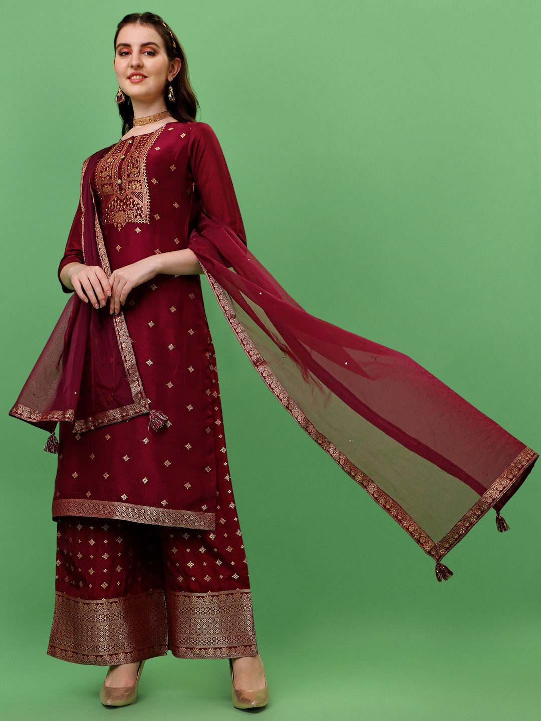 

Seerat Women Wine Ethnic Motifs Printed Jacquard Kurta With Palazzos & Dupatta, Maroon