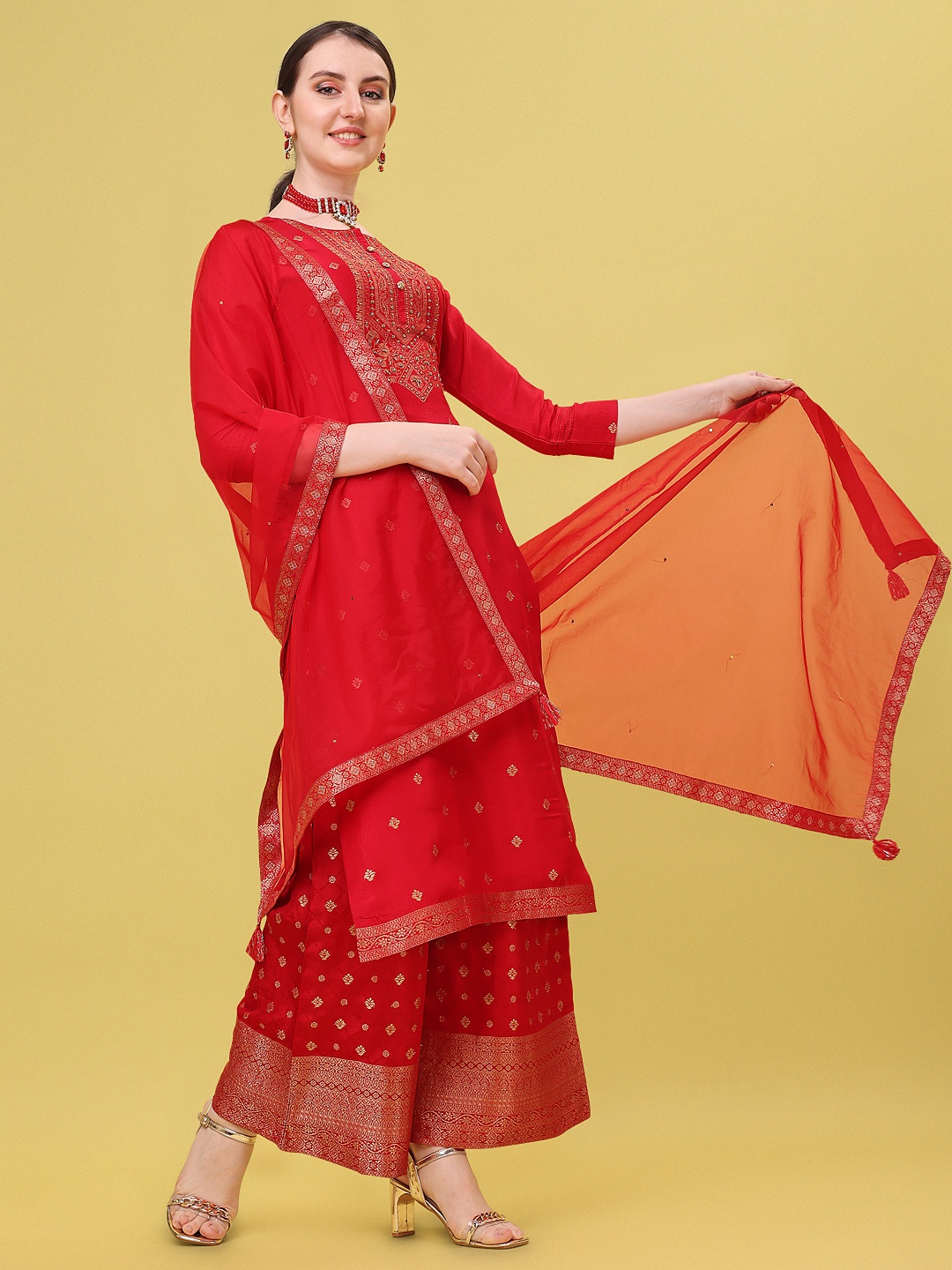

Seerat Women Red Ethnic Motifs Printed Jacquard Kurta With Palazzos & Dupatta