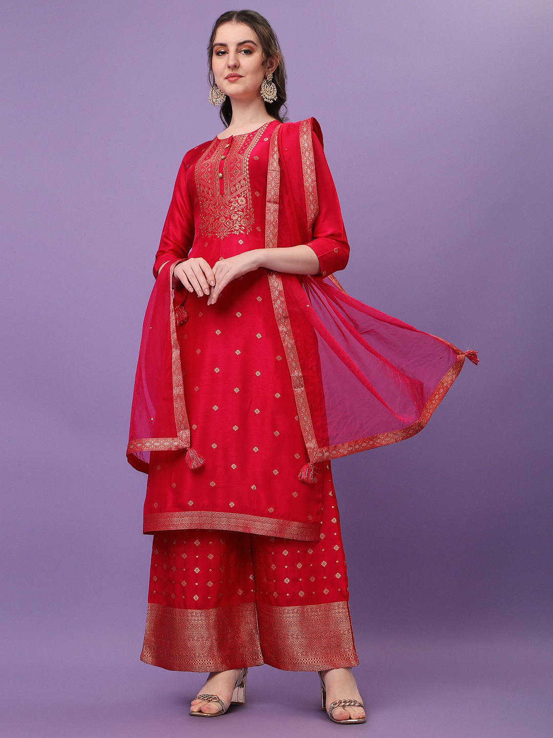 

Seerat Women Pink Ethnic Motifs Printed Jacquard Kurta With Palazzos & Dupatta