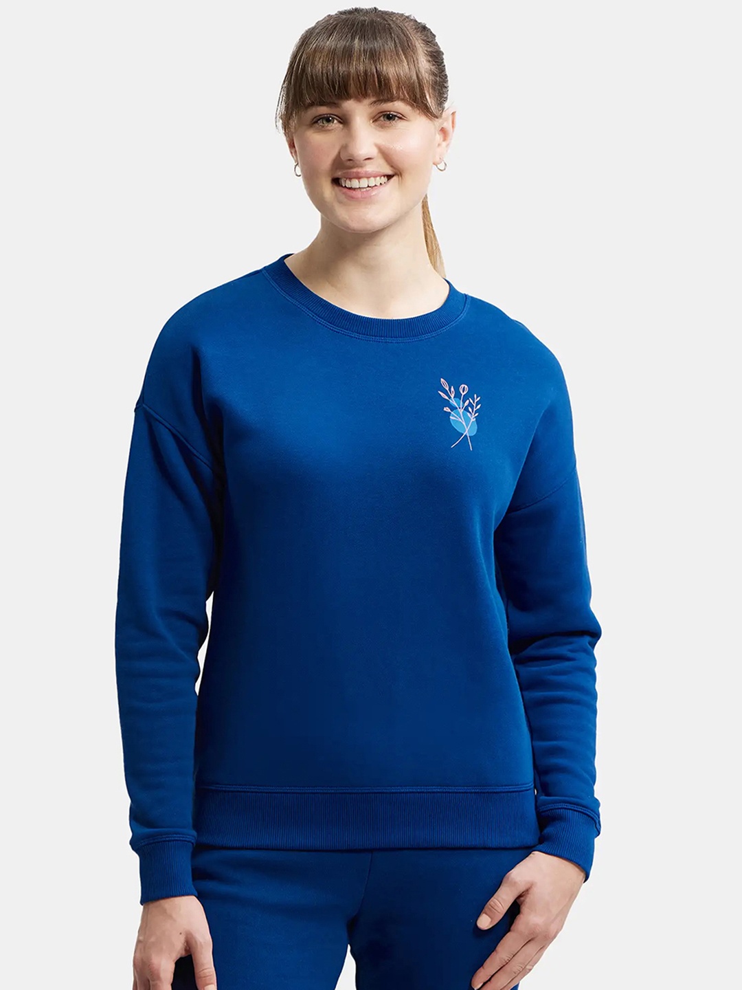 

Jockey Super Combed Cotton Round Neck Printed Sweatshirt with Drop Shoulder Styling, Blue