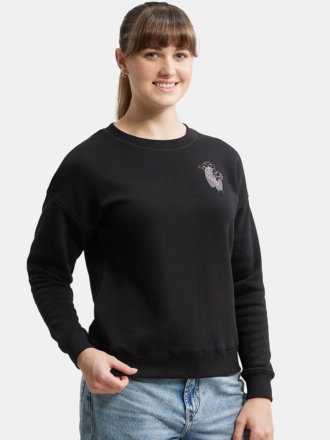 

Jockey Super Combed Cotton Round Neck Printed Sweatshirt with Drop Shoulder Styling -U109, Black