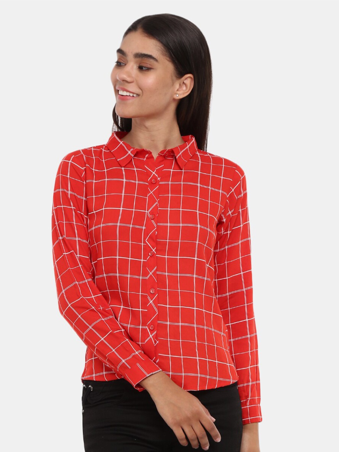 

V-Mart Women Red Checked Cotton Casual Shirt