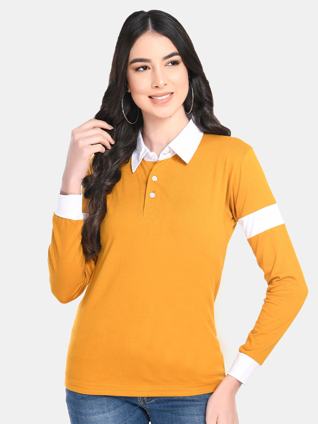 

Viral trend Women Mustard Yellow Polo Collar Cotton T-shirt