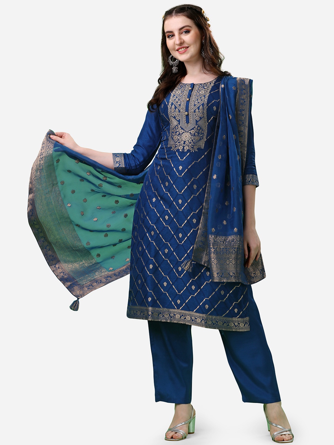 

Seerat Women Blue & Gold Ethnic Motifs Pure Silk Kurta with Trousers & With Dupatta