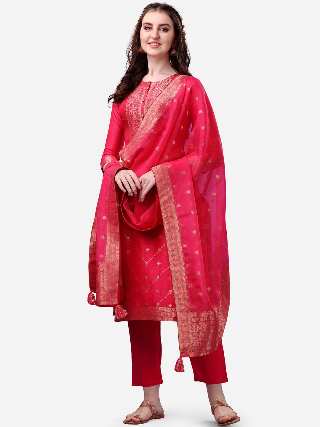 

Seerat Women Pink Ethnic Motifs Pure Silk Kurti with Trousers & With Dupatta