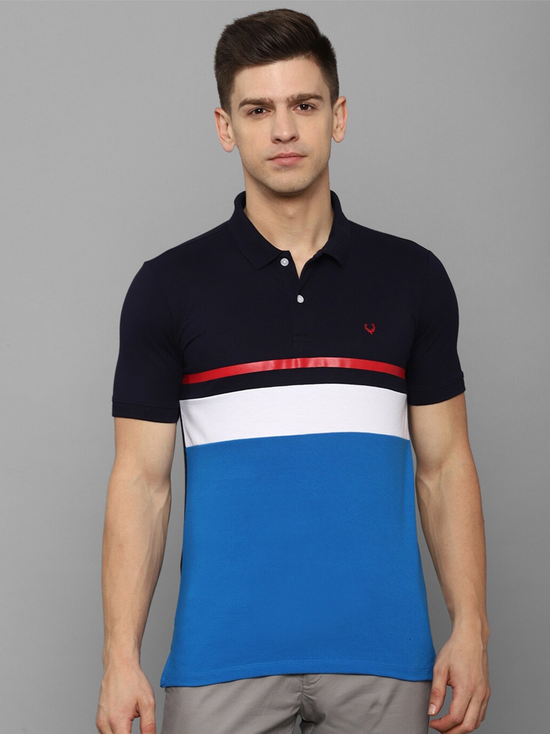 

Allen Solly Colourblocked Polo Collar Cotton T-shirt, Navy blue