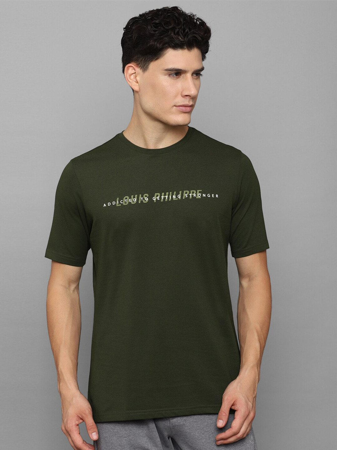 

Louis Philippe Men Olive Green Cotton Typography Printed Slim Fit T-shirt