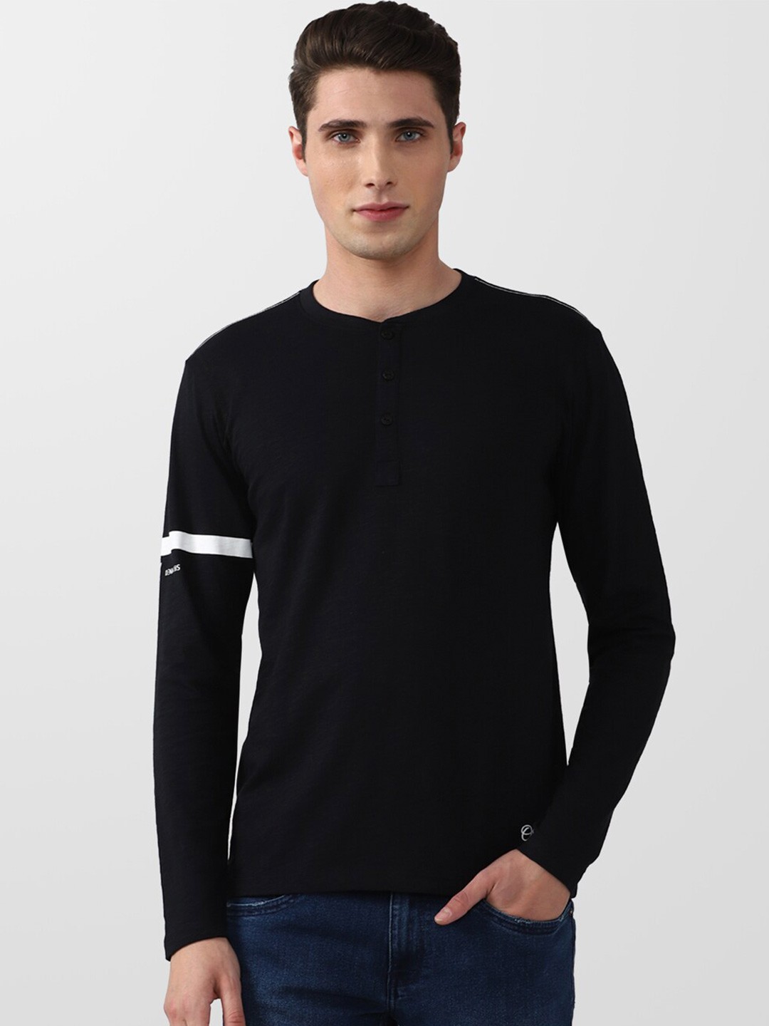 

VAN HEUSEN DENIM LABS Men Black Henley Neck Cotton T-shirt