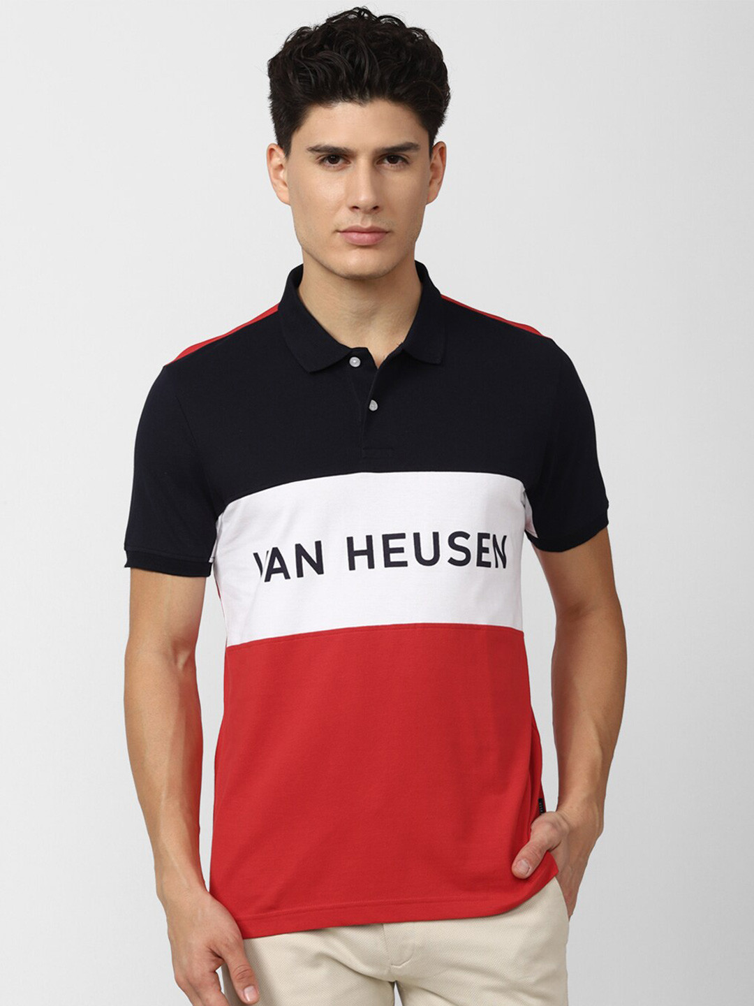 

Van Heusen Sport Men Red & White Typography Colourblocked Polo Collar T-shirt