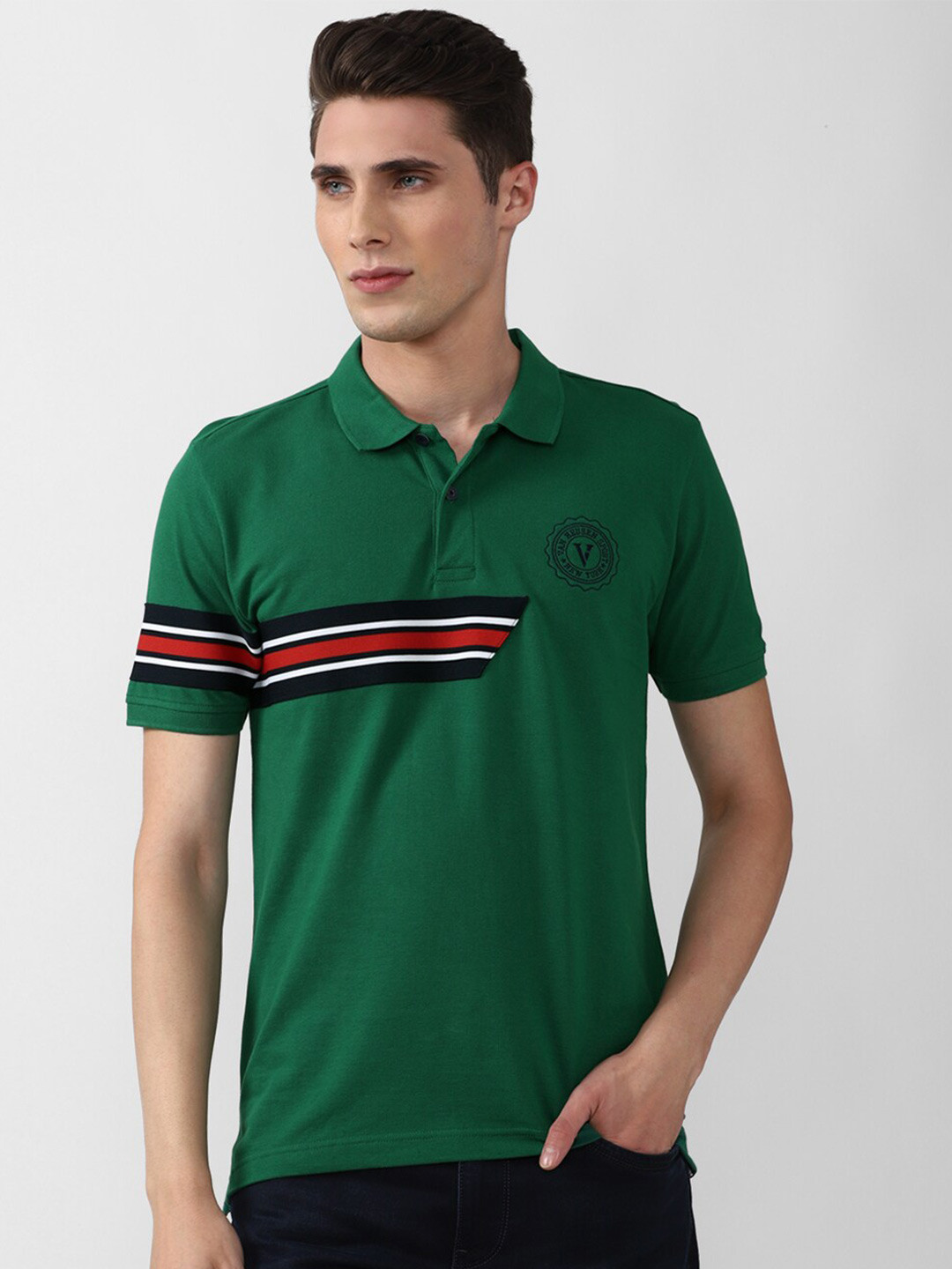 

Van Heusen Sport Men Green Striped Polo Collar Cotton T-shirt