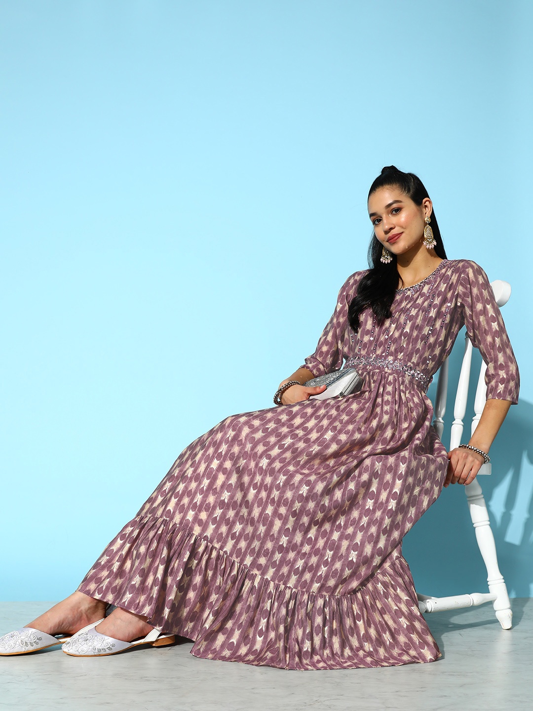 

ZOLA Women Purple Geometric Printed Belted Detail Anarkali Kurta