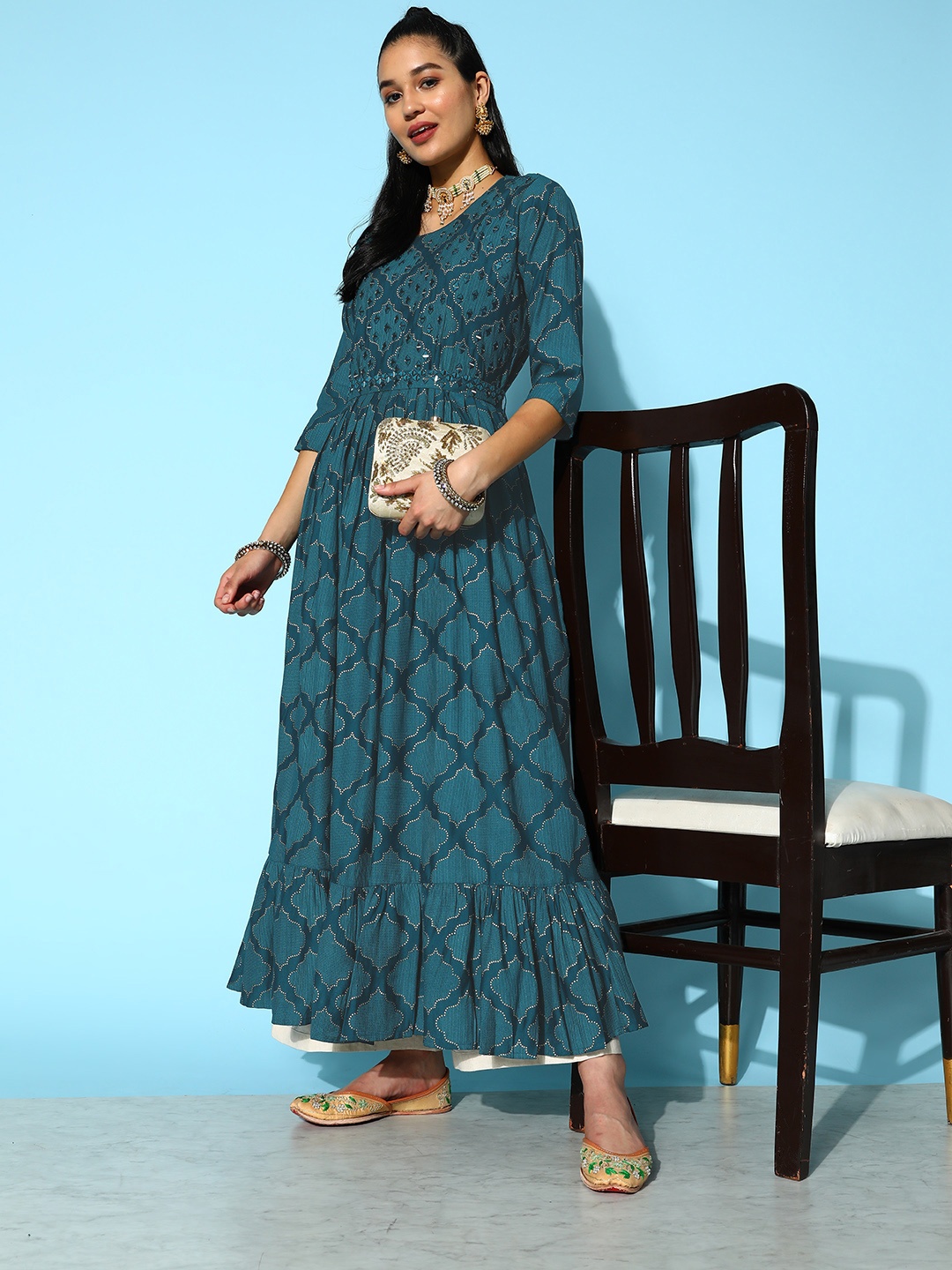 

ZOLA Women Teal Geometric Printed Belted Detail Anarkali Kurta