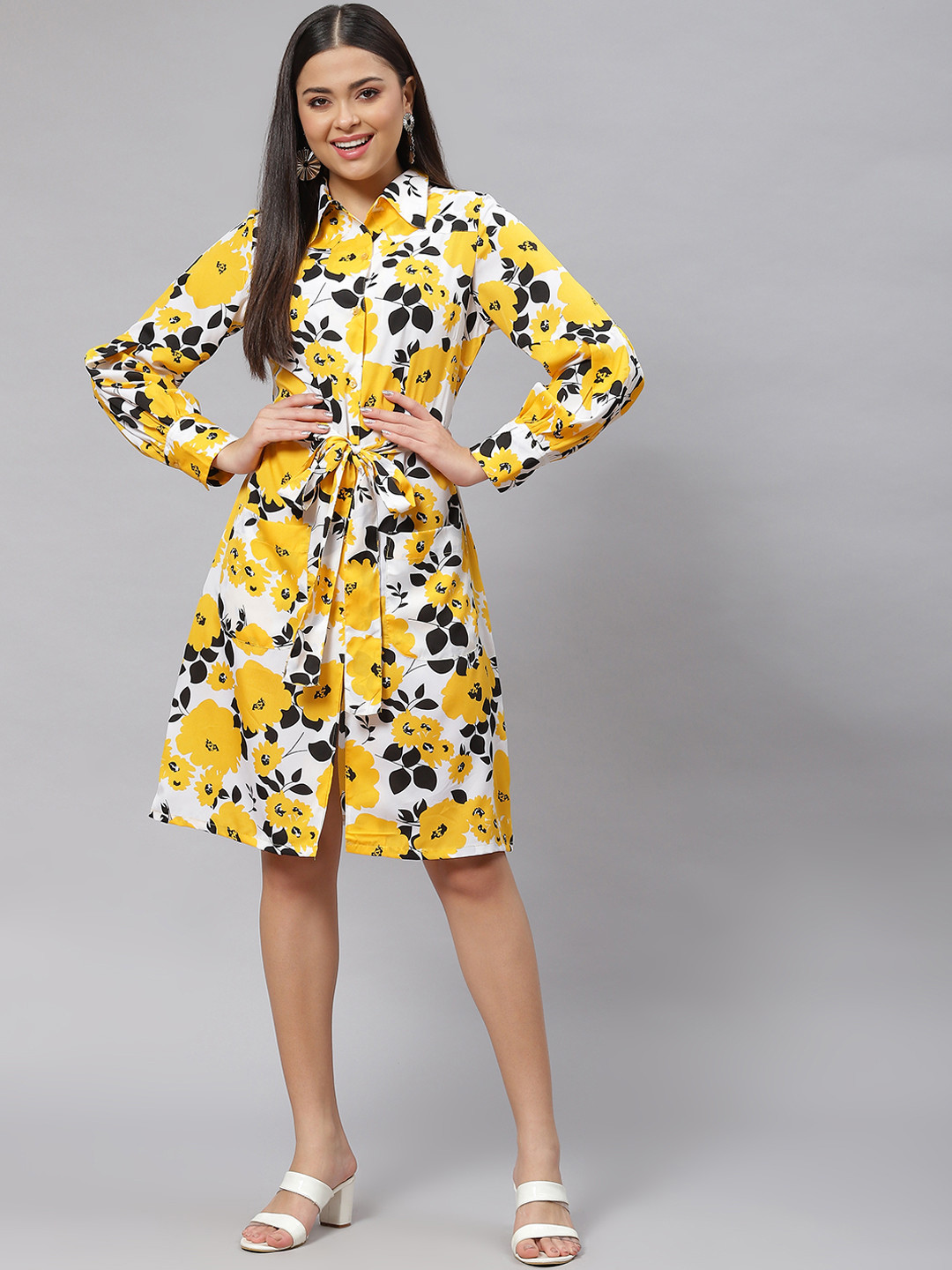 

plusS Yellow & White Floral Print Shirt Dress with Belt