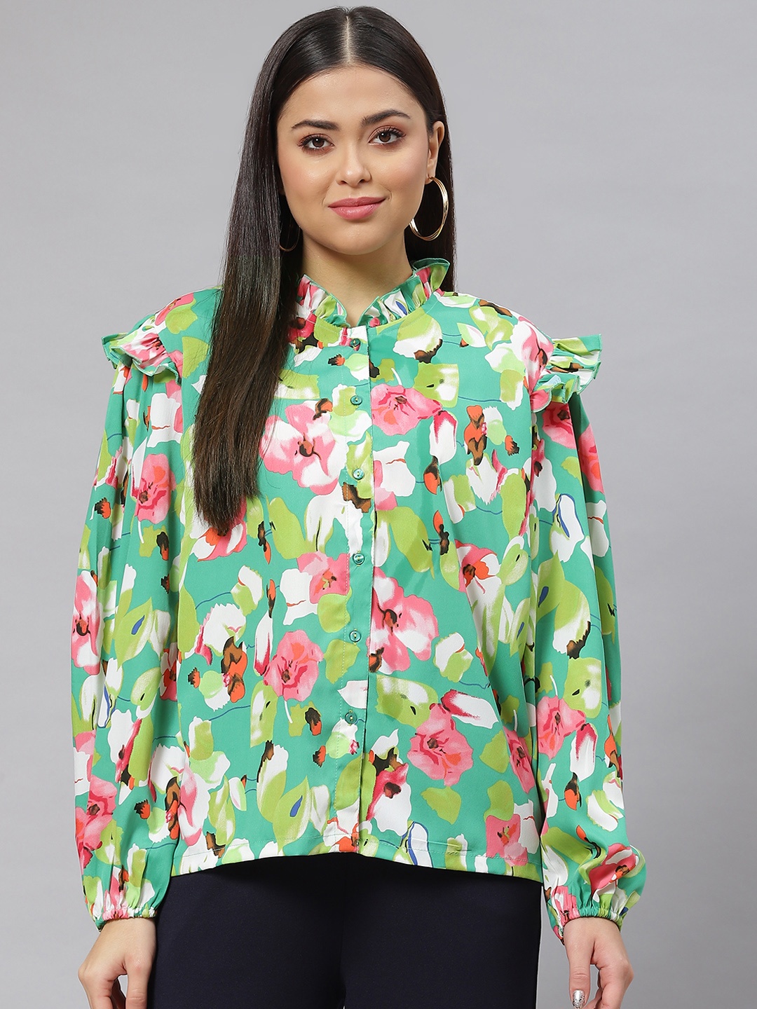 

plusS Women Green Floral Printed Casual Shirt