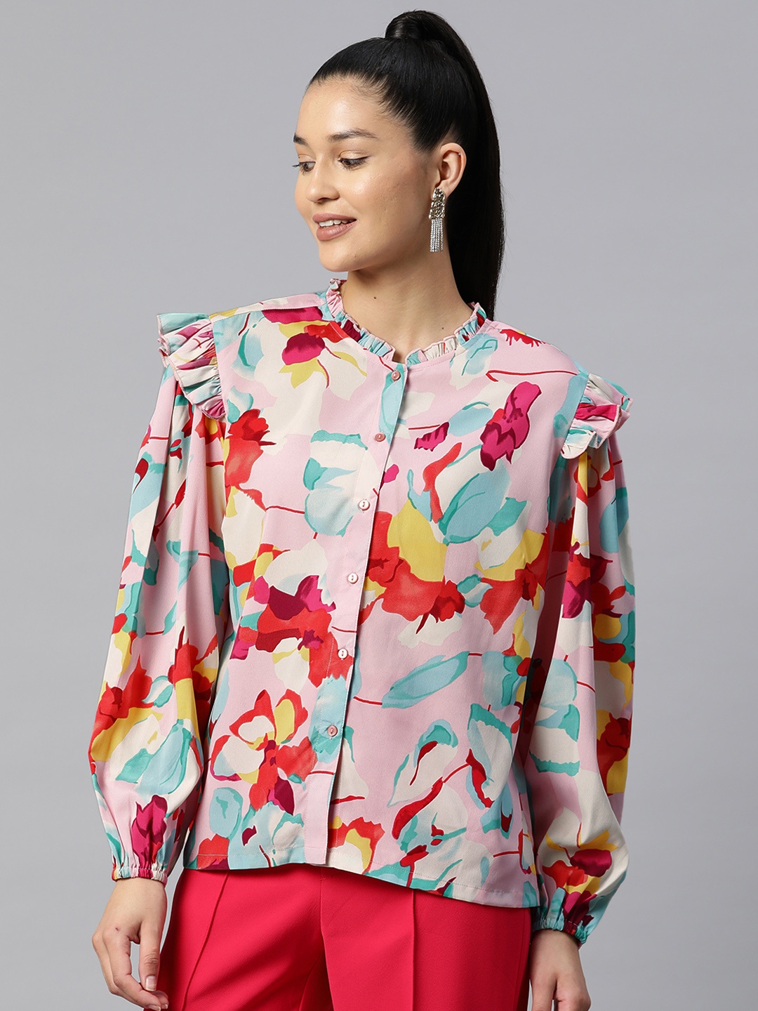 

plusS Women Pink & Blue Floral Print Casual Shirt