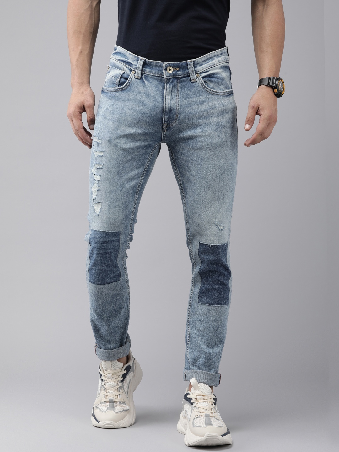 

SPYKAR Men Regular Fit Low-Rise Mildly Distressed Stretchable Jeans With Patchwork Detail, Blue