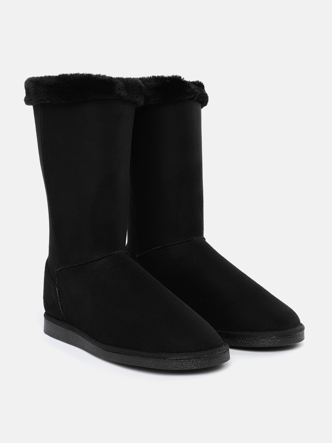 

Carlton London Women Black High -Top Flat Winter Boots with Faux Fur Trim Detail