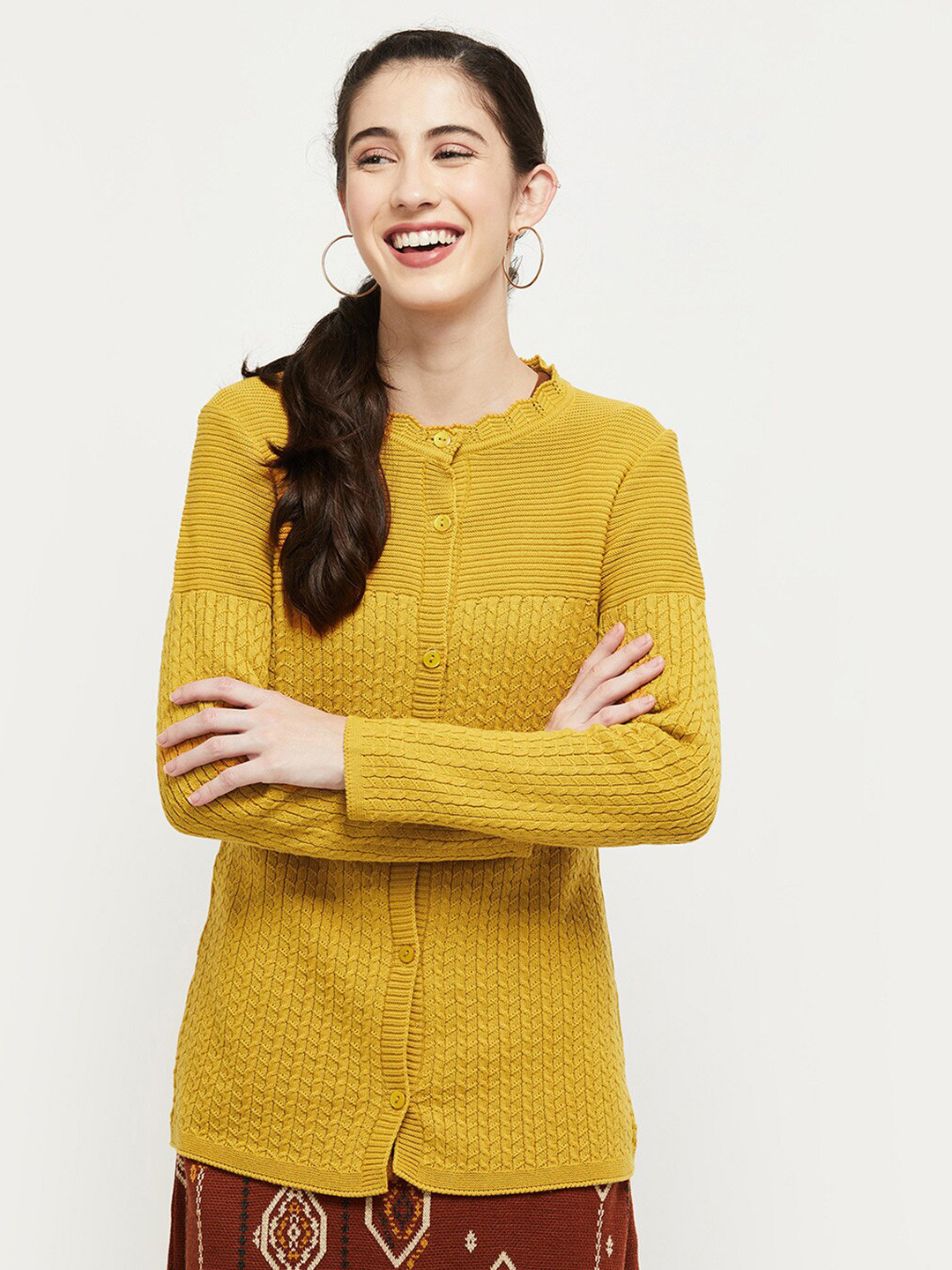 

max Women Mustard Ribbed Cardigan