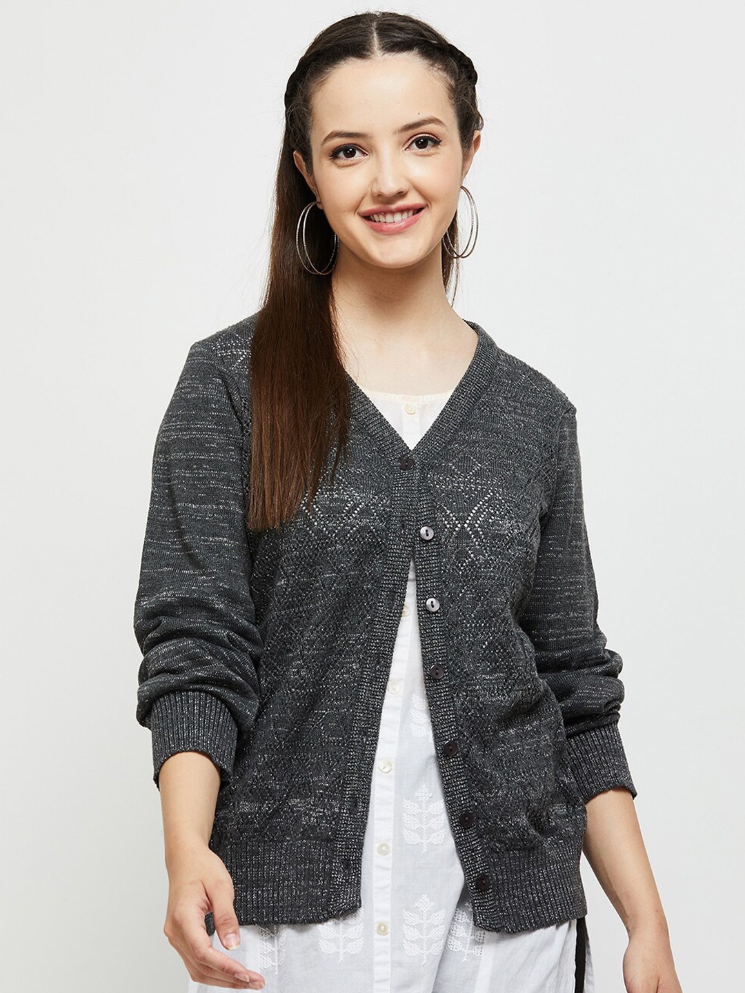 

max Women Grey Cable Knit Cardigan