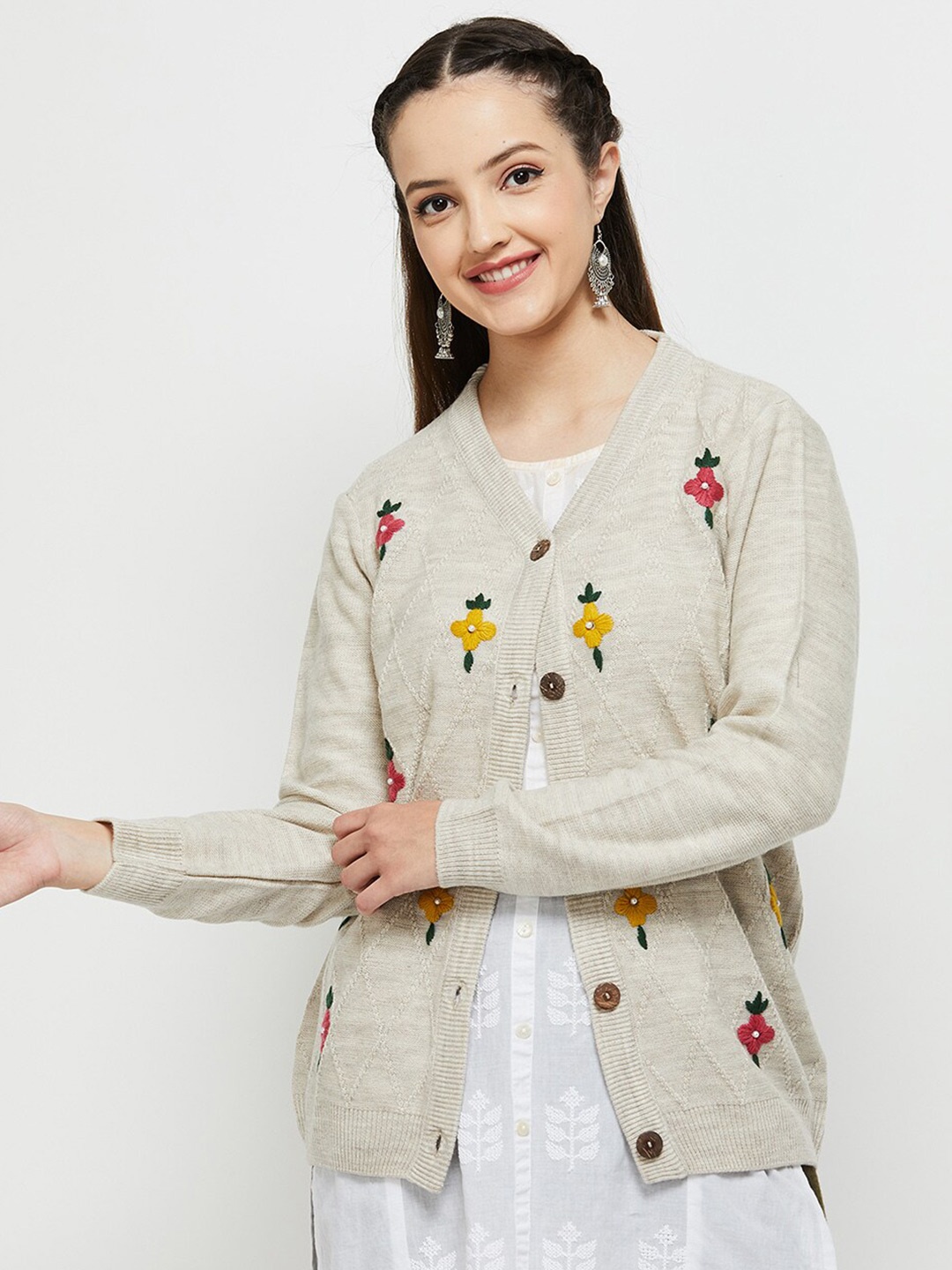 

max Women Off White & Green Floral Cardigan