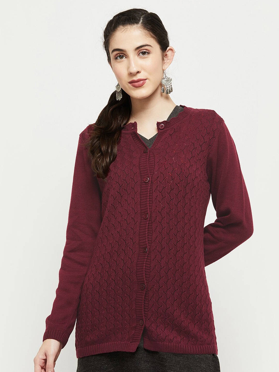

max Women Burgundy Cable Knit Cardigan