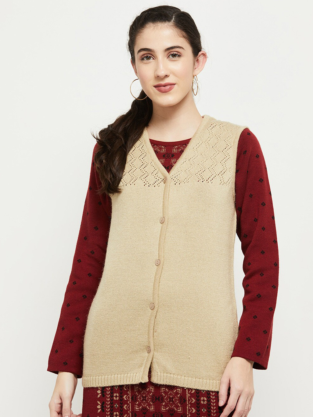 

max Women Beige Cable Knit Pullover