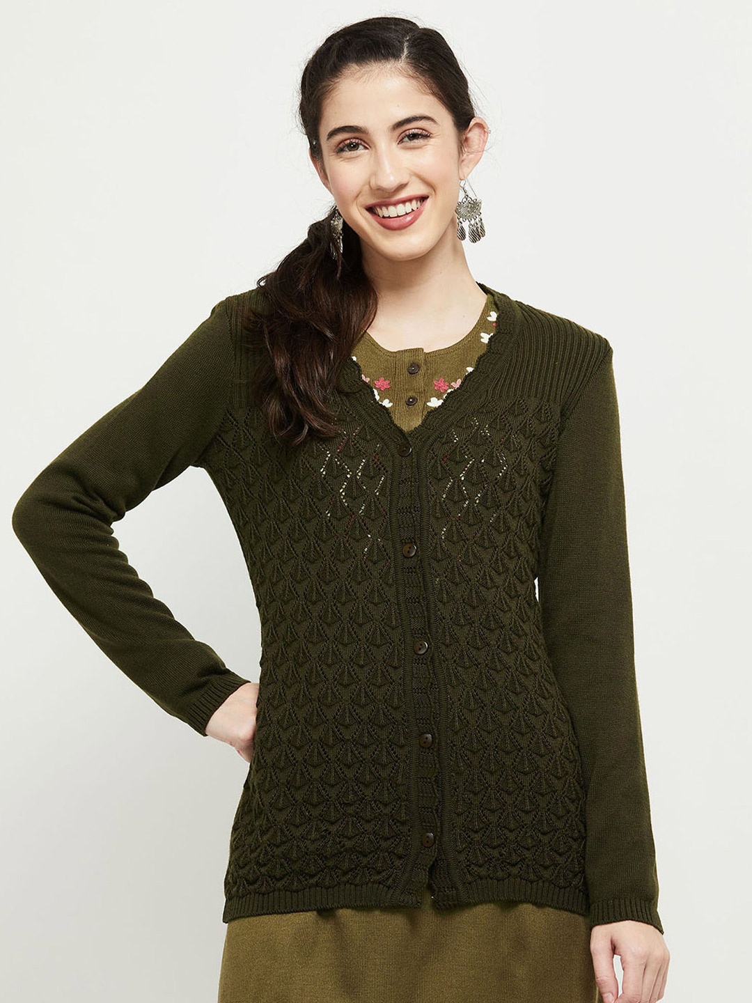 

max Women Olive Green Cable Knit Cardigan