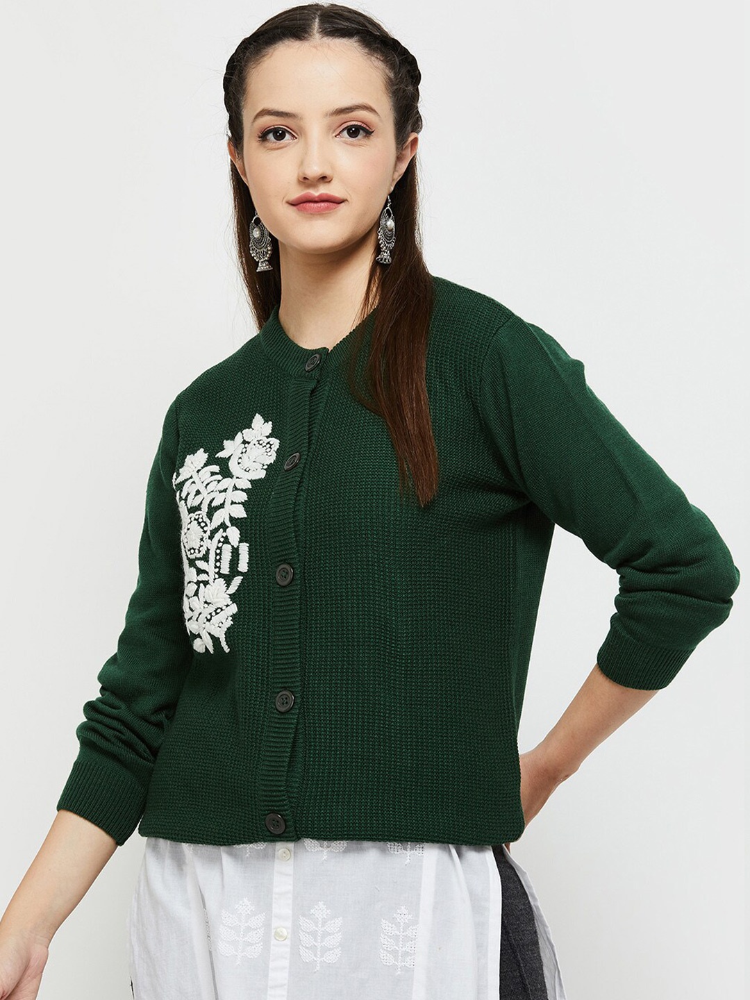 

max Women Green & White Floral Cardigan