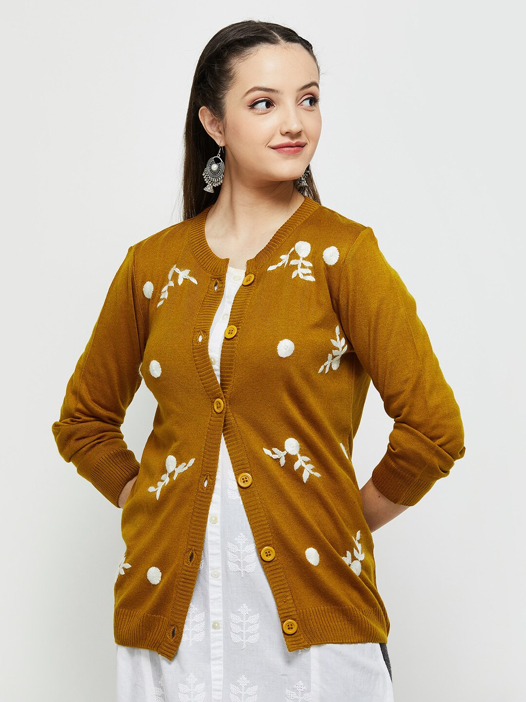 

max Women Mustard & White Floral Printed Cardigan