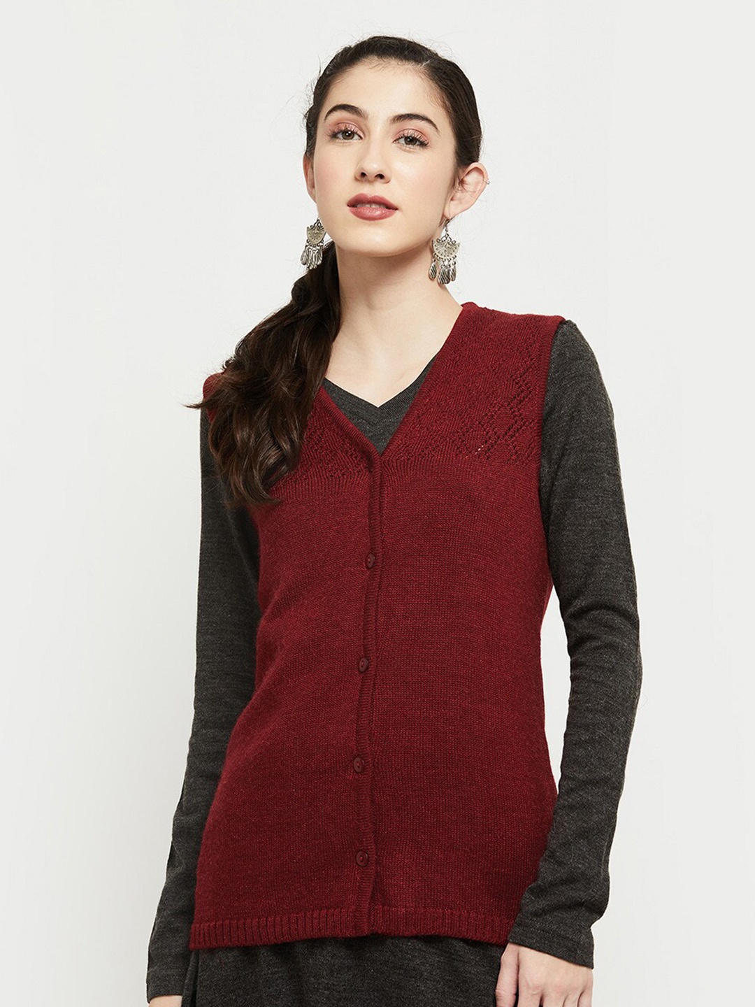 

max Women Maroon Cable Knit Cardigan