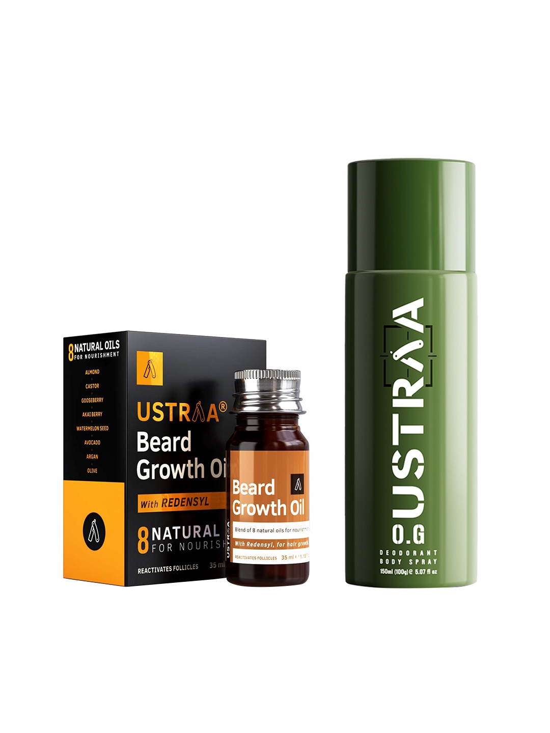 

Ustraa Men Set of O.G. Deodorant Body Spray 150 ml + Beard Growth Oil 35 ml, Brown