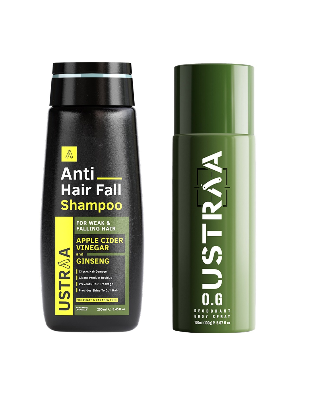 

Ustraa Men Set of O.G. Deodorant Body Spray 150 ml + Anti Hair Fall Shampoo 250 ml, Black