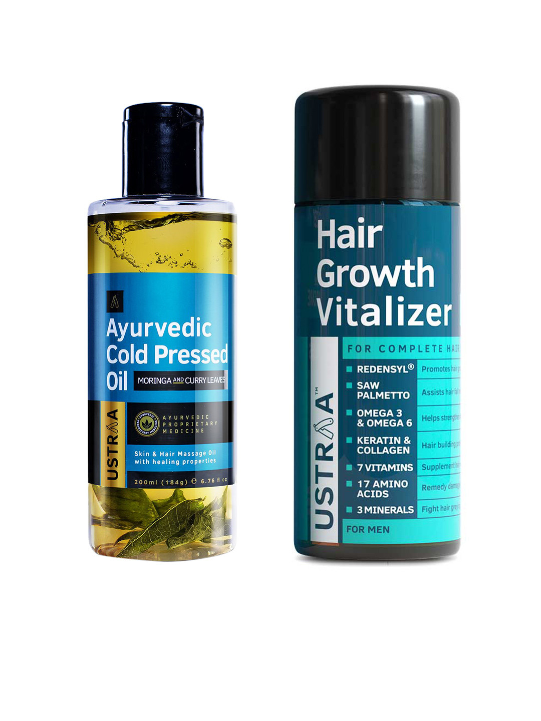 

Ustraa Men Set of Ayurvedic Cold Pressed Oil 200 ml + Hair Growth Vitalizer 100 ml, Blue