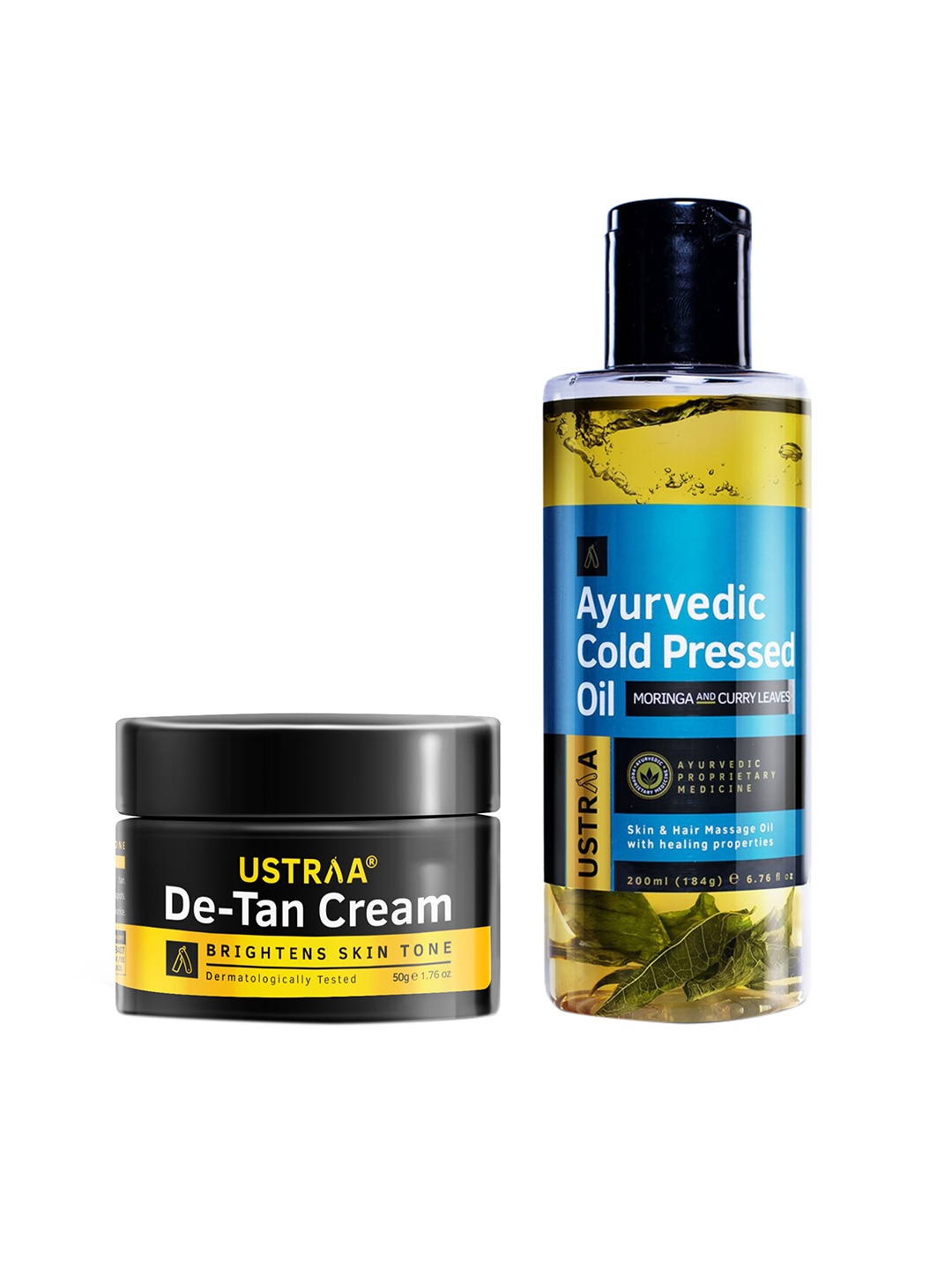 

Ustraa Men Set of Ayurvedic Cold Pressed Oil 200 ml + De-Tan Face Cream 50 g, Black
