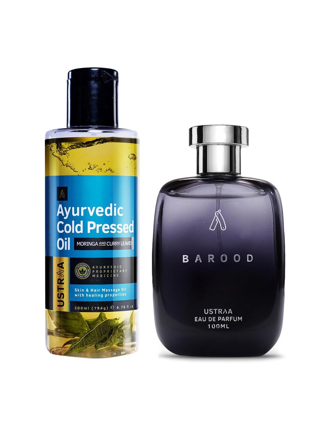 

Ustraa Men Set of Ayurvedic Cold Pressed Oil 200 ml + Barood Eau De Parfum 100 ml, Black