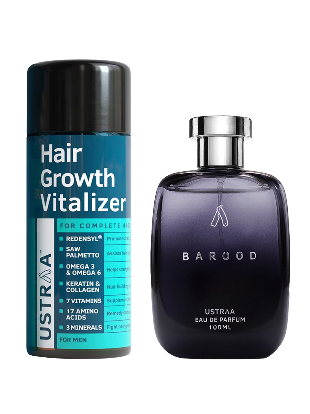 

Ustraa Men Set of Hair Growth Vitalizer 100 ml + Barood Eau De Parfum 100 ml, Black