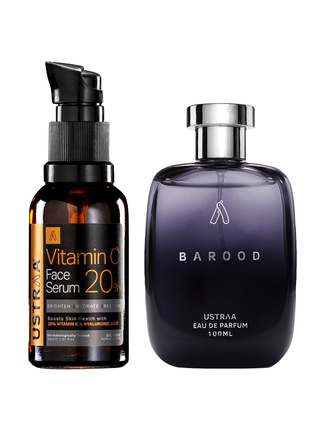 

Ustraa Men Set of Barood Eau De Parfum 100 ml + 20% Vitamin C Face Serum with HA 30 ml, Black