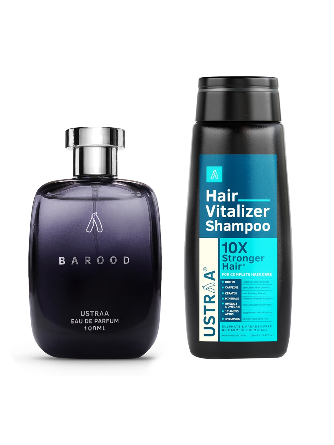 

Ustraa Men Set of Barood Eau De Parfum 100 ml + 10x Stronger Hair Vitalizer Shampoo 250 ml, Black