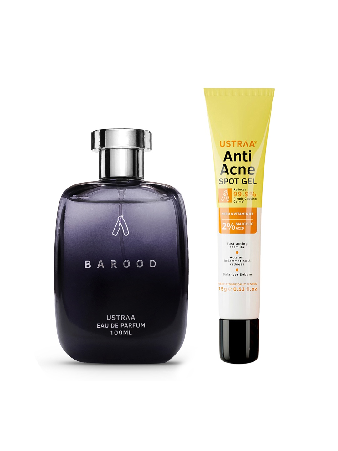 

Ustraa Men Set of Barood Eau De Parfum 100 ml + Oil Free Anti-Acne Spot Gel 15 g, Black