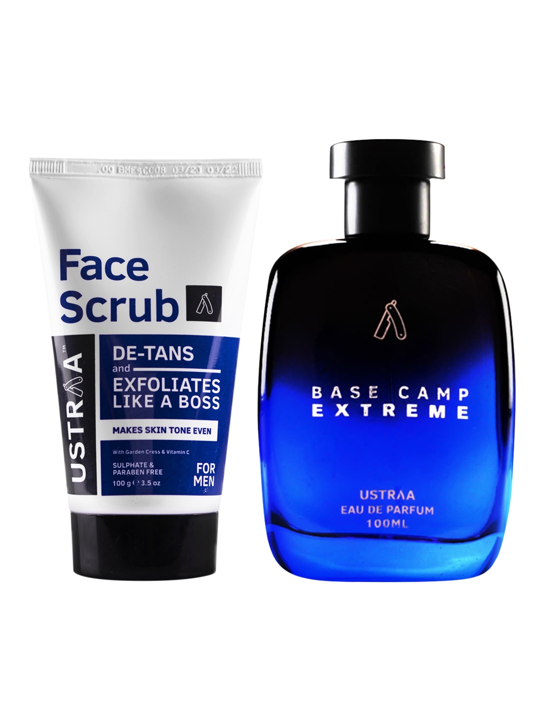 

Ustraa Men Set of Base Camp Extreme Eau De Parfum 100 ml + De-Tan Face Scrub 100 g, Blue