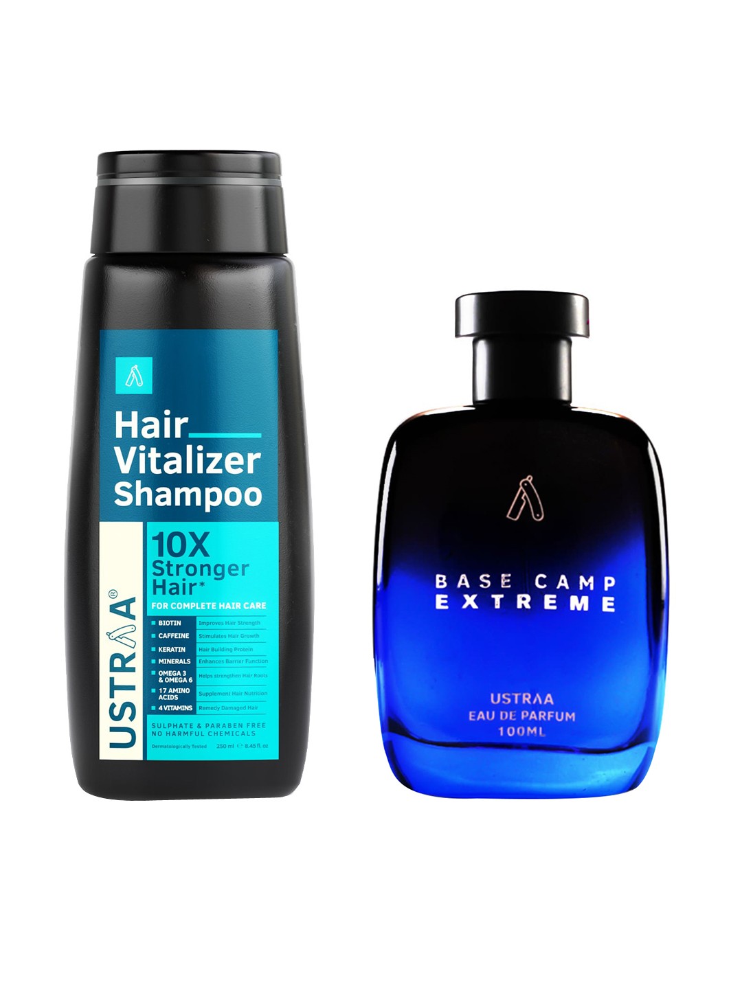 

Ustraa Set Of Men Base Camp Extreme Eau De Parfum 100 ml & Hair Vitalizer Shampoo 250 ml, Blue