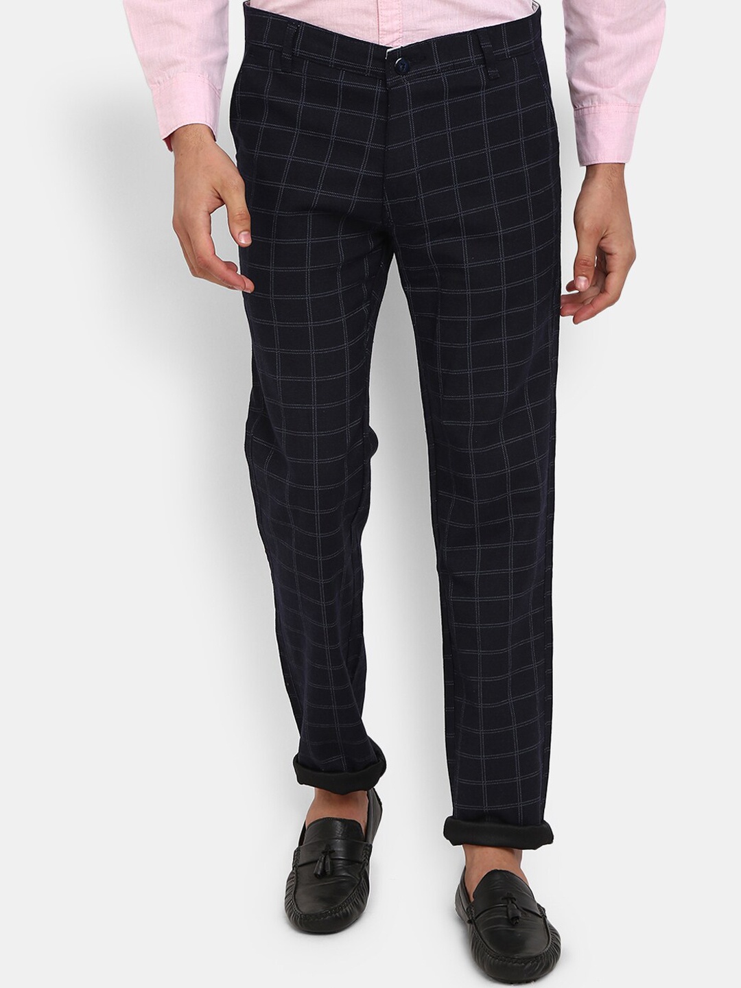 

V-Mart Men Blue Checked Cotton Classic Slim Fit Chinos Trousers