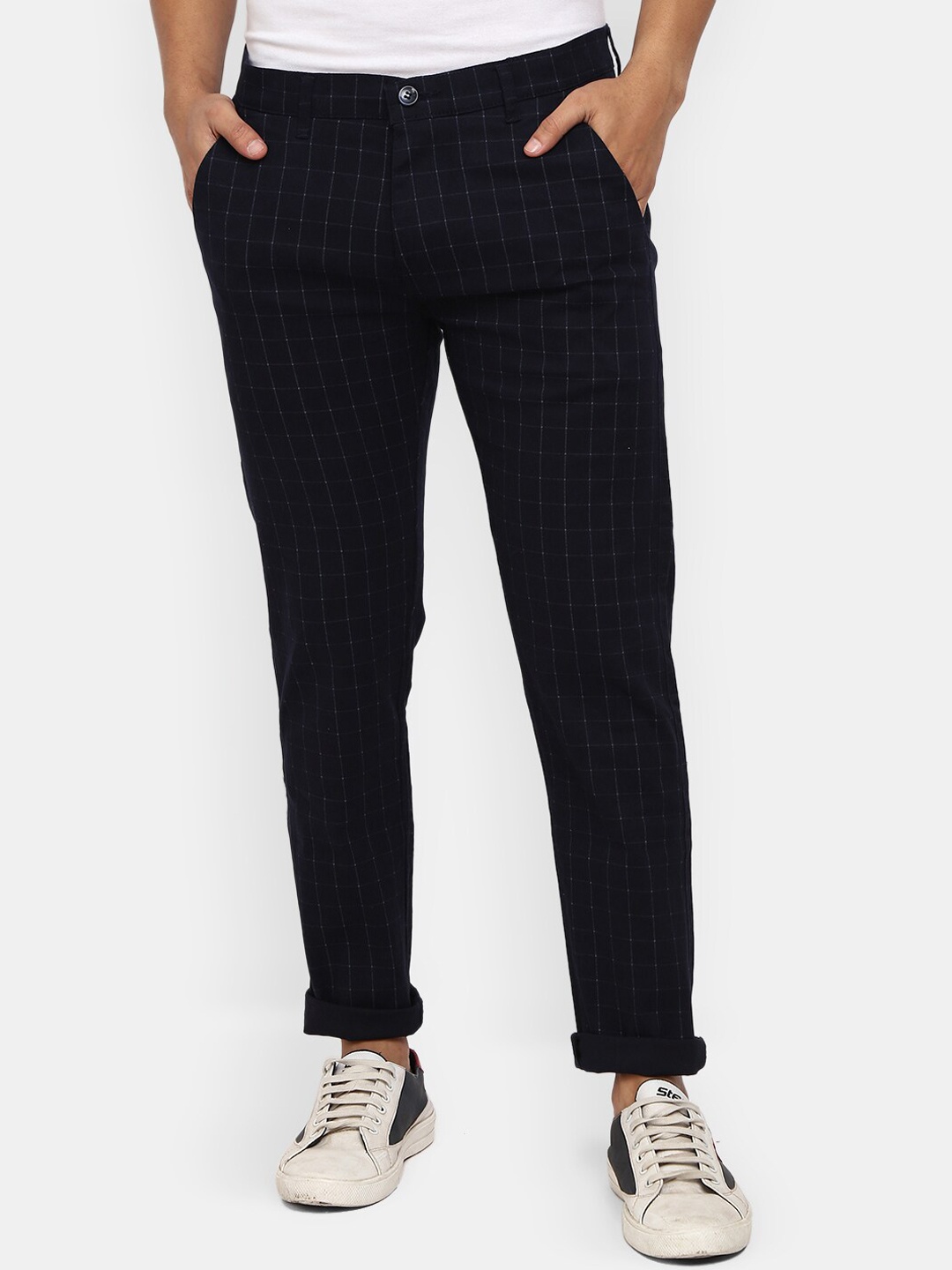 

V-Mart Men Navy Blue Checked Cotton Classic Trousers