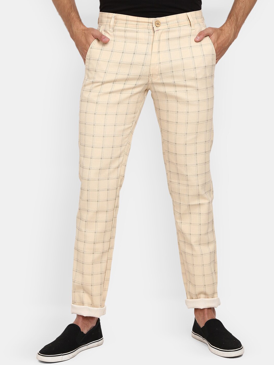 

V-Mart Men Cream-Coloured Checked Classic Cotton Trousers