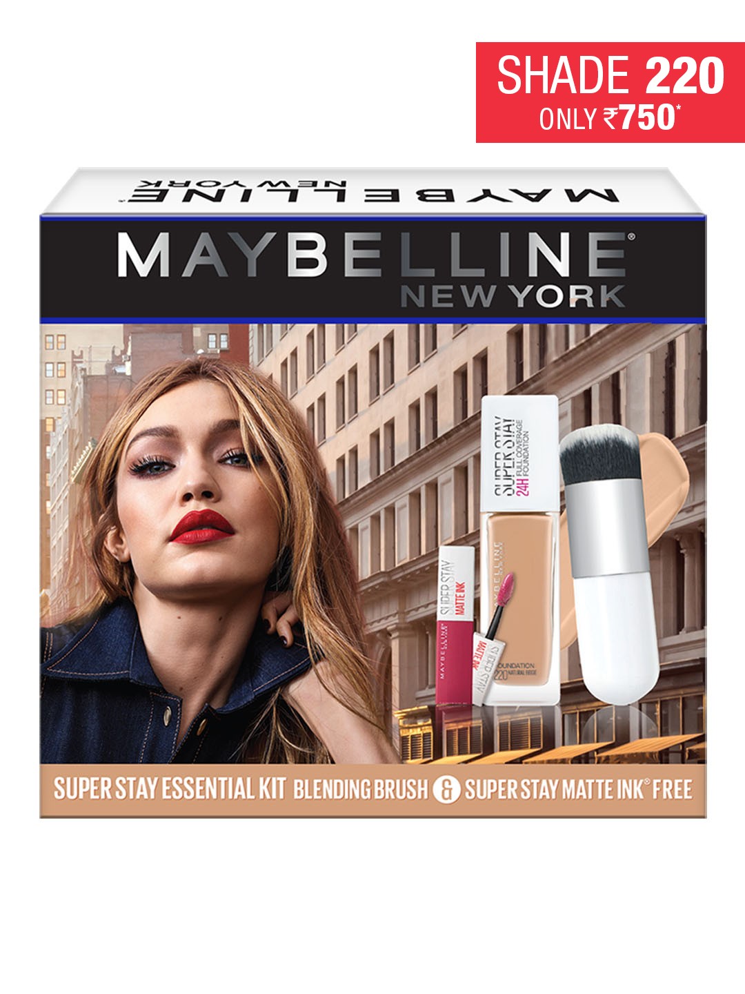 

Maybelline New York Super Stay Liquid Foundation 220 + Matte Mini Lipstick-Ruler + Brush, Beige
