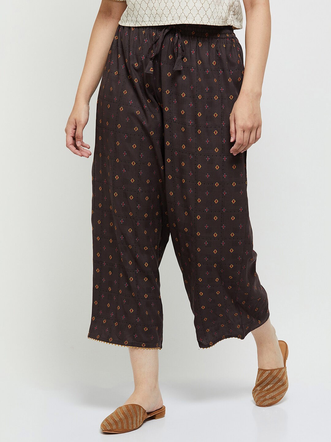 

max Women Brown & Yellow Ethnic Motifs Printed Ethnic Palazzos
