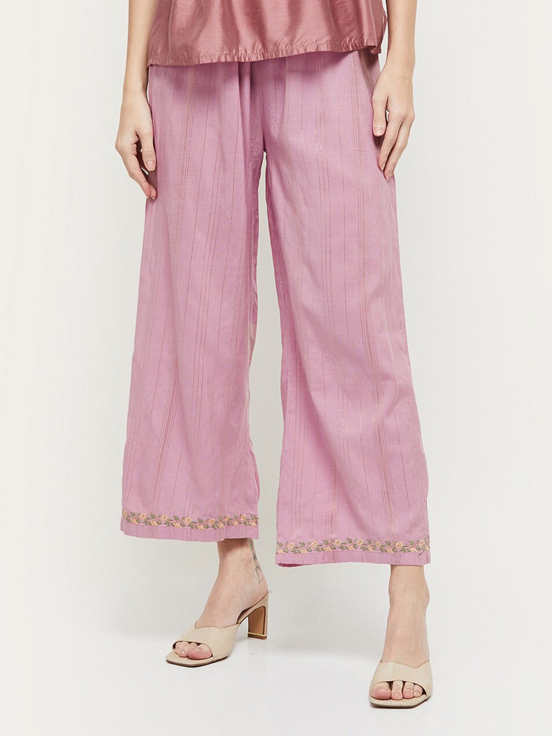 

max Women Purple & Green Striped Knitted Cropped Cotton Ethnic Palazzos